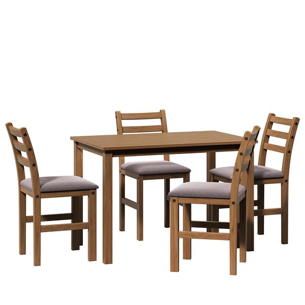 5PCS Stylish Dining Table Set 4 Upholstered Chairs with Ladder Back Design for Dining Room Kitchen Brown Cushion and Antique Oak