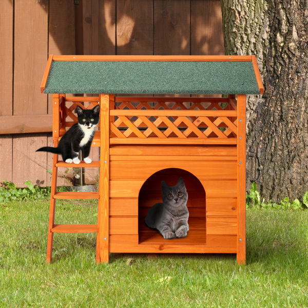 2-Story Wooden Feral Cat House Outdoor Indoor Kitty Houses with Door & Stairs & Weatherproof Roof, Orange & Green