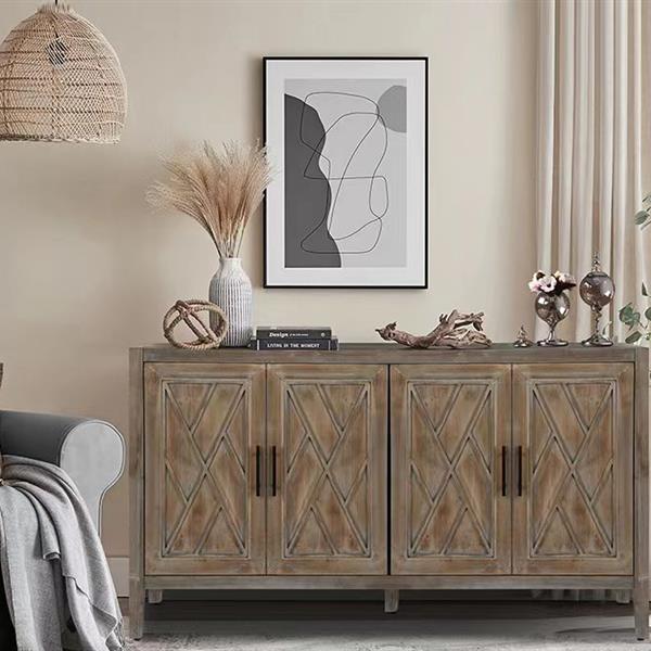 4 门木质斜纹餐柜 美式乡村复古旧式客厅餐厅门厅入口柜（棕色）-21