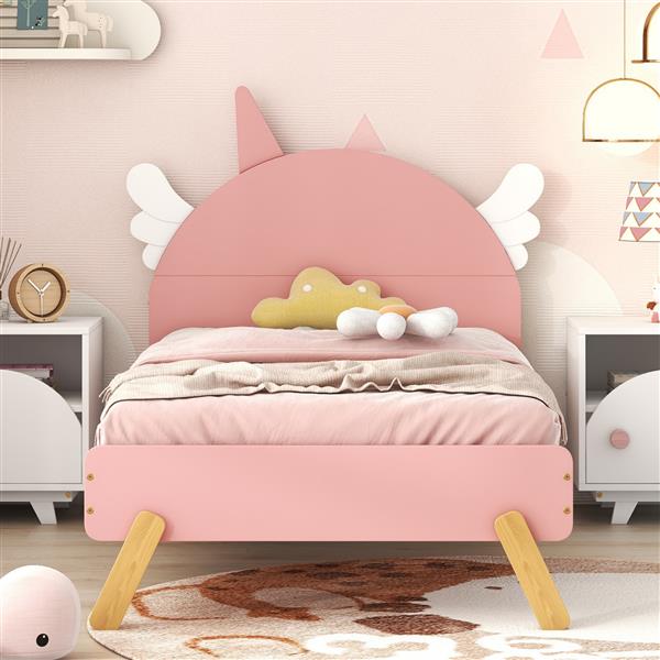 Wooden Cute Bed With Unicorn Shape Headboard,Twin Size Platform Bed,Pink