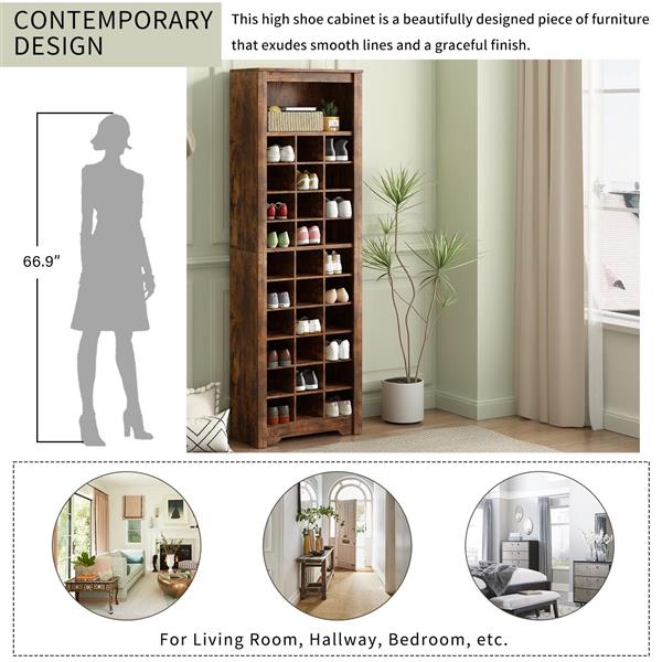 Stylish Design 30 Shoe Cubby Console, Contemporary Shoe Cabinet with Multiple Storage Capacity, Free Standing Tall Cabinet with Versatile Use for Hallway,  Bedroom, Rustic Brown