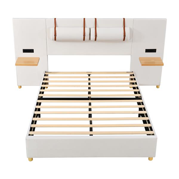 Full Size Upholstered Platform Bed, Two Outlets and USB Charging Ports on Both Sides, Two Bedside Pillows, Storage Shelves, Beige