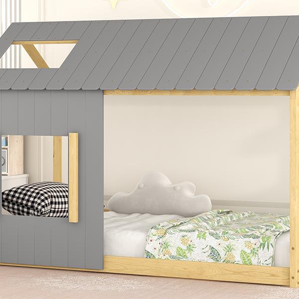 Twin Size House Bed with Roof and Window - Gray+Natural