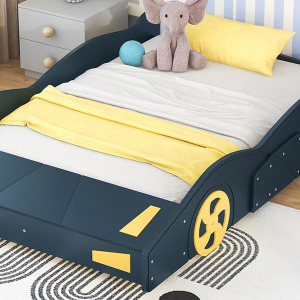 Full Size Race Car-Shaped Platform Bed with Wheels and Storage, Dark Blue+Yellow