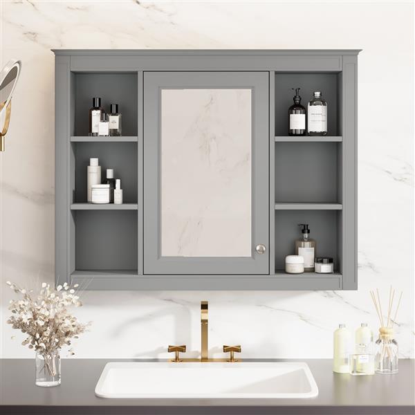 35'' x 27.5'' Medicine Cabinet, Wall Mounted Bathroom Storage Cabinet, Modern Bathroom Wall Cabinet with Mirror, Mirror Cabinet with 6 Open Shelves (Not Include Bathroom Vanity )