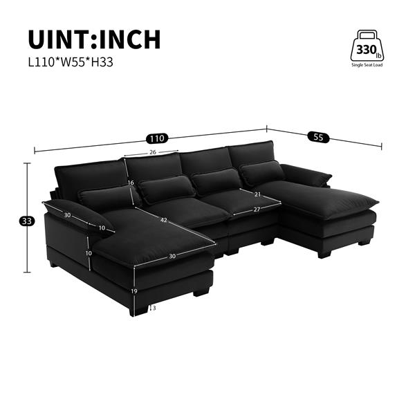 [VIDEO provided][New]110*55" Modern U-shaped Sectional Sofa with Waist Pillows,6-seat Upholstered Symmetrical Sofa Furniture,Sleeper Sofa Couch with Chaise Lounge for Living Room,Apartment,Black