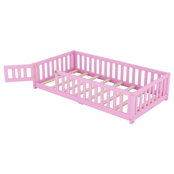 Twin Size Bed Floor Bed with Safety Guardrails and Door for Kids, Pink