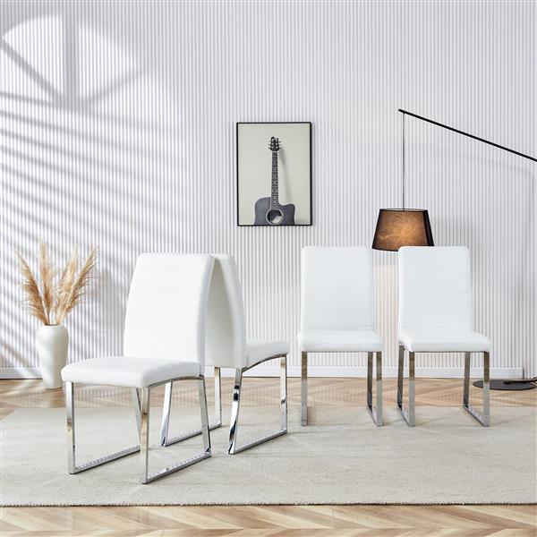 Modern Dining Chairs Set of 4 High Back Kitchen Chair with Stainless Legs 4 Piece PU Leather Chairs with Padded Seat for Dining Room Living Room Restaurant White