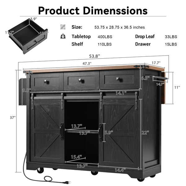 53.7" Farmhouse Kitchen Island with Power Outlet, 2 Sliding Barn Door Kitchen Storage Island with Drop Leaf, Spice Rack Rolling Kitchen Cart on Wheels, for Home, Kitchen and Dining Room, Black