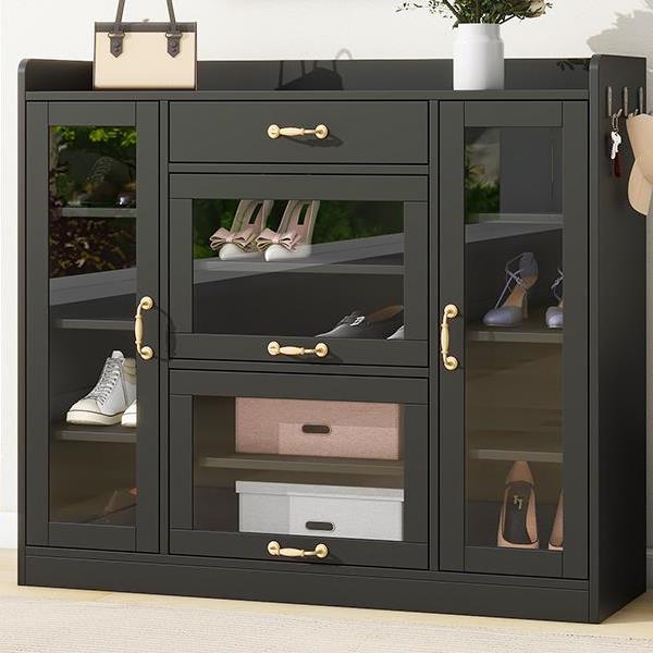 Modernist Side Cabinet with 4 Glass Doors & 3 Hooks, Freestanding Shoe Rack with Multiple Adjustable Shelves, Versatile Display Cabinet with Gold Handles for Hallway, Living Room, Black