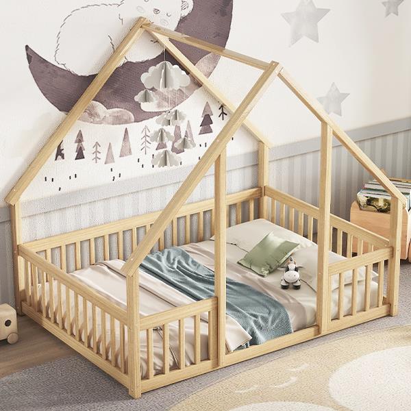 Full Wood House-Shaped Floor Bed with Fence, Guardrails,Natural