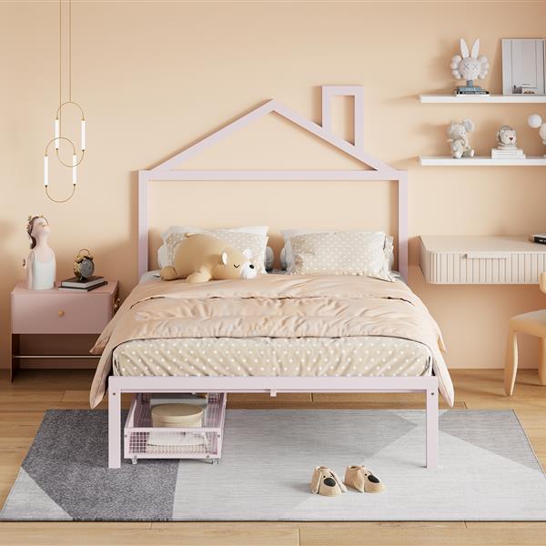 Full Size Metal Platform Bed with two drawers,House-Shaped Headboard Design, Pink