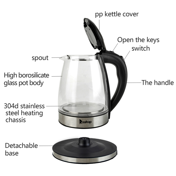 ZOKOP HD-1861-A 110V 1500W 1.8L Electric Glass Kettle US Plug