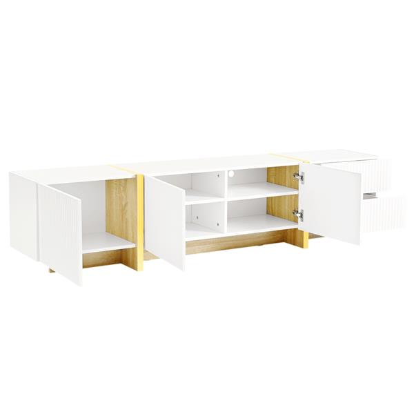 Luxury Fluted TV Stand for TVs Up to 80'', Modern Entertainment Center with Storage Cabinets & Drawers, Smooth Media Console with lden Wood Grain Legs for Living Room, White