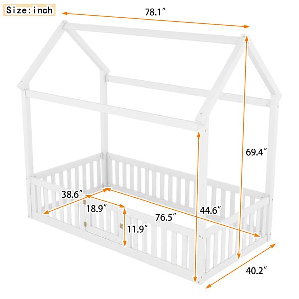 Twin Size Wood House Bed with Fence and Door, White