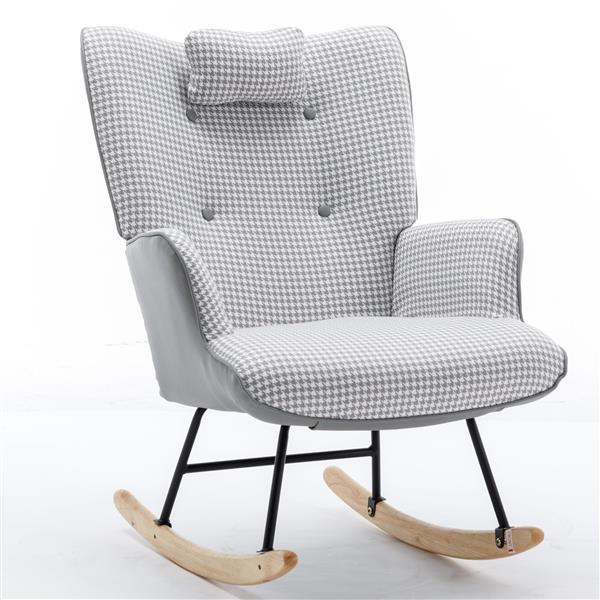 35.5 inch Rocking Chair, Soft Houndstooth Fabric Leather Fabric Rocking Chair for Nursery, Comfy Wingback Glider Rocker with Safe Solid Wood Base for Living Room Bedroom Balcony (light grey)