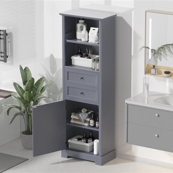 Bathroom Storage Cabinet, Tall Storage Cabinet with Two Drawers, Open Storage, Adjustable Shelf, Grey