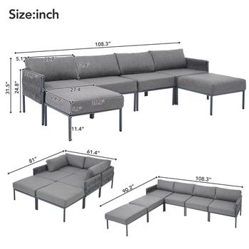 6-Pieces Aluminum Patio Furniture Set, Modern Metal Outdoor Conversation Set Sectional Sofa With Removable Olefin Extra Thick Cushions 5.9\\" Cushion, Grey