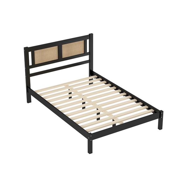 Full Size Wooden Platform Bed with Natural Rattan Headboard, Exquisite Elegance with Minimalist Charm for Bedroom, Black