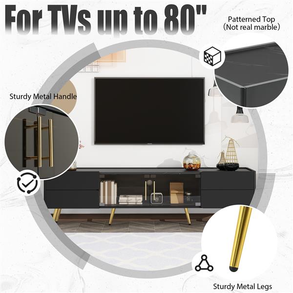 Modern TV Stand with LED lights for TVs up to 80 Inches, Entertainment Center with 4 Drawers and 1 Cabinet with Brown Glass Door, Media Console with Metal Legs and Handles for Living room