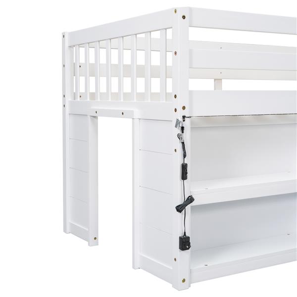 Twin Size Kid Low Loft Bed With Two-Tier Shelves And LED Light For White Color