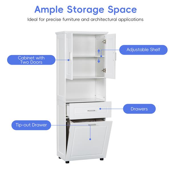 Tall Bathroom Cabinet with Laundry Basket, Large Storage Space Tilt-Out Laundry Hamper and Upper Storage Cabinet, White