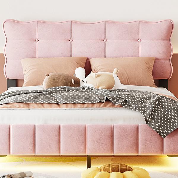 Queen Size Velvet Platform Bed with LED Frame and Stylish Mental Bed Legs, Pink