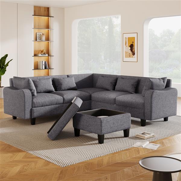 [New]87" Modern Sectional Sofa with coffee table,6-Seat Couch Set with Storage Ottoman,Various Combinations,L-Shape Indoor Furniture with Unique Armrests for Living Room,Apartment, 2 Colors(6 pillows)