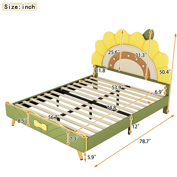 Full Size Upholstered Platform Bed with Sunflower Shaped Headboard, Green