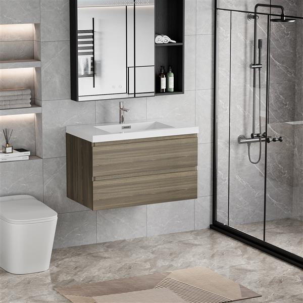 36" Floating Bathroom Vanity with Sink, Modern Wall-Mounted Bathroom Storage Vanity Cabinet with Resin Top Basin and Soft Close Drawers, Ash Grey 24V11-36AG