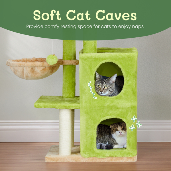 33 inch Cat Tree Cat Tower for Indoor Cats, Cat Activity Center Play House with Large Padded Perch, Hammock, 2-Tiered Condo, Scratching Posts & Dangling Ball, Yellow & Green