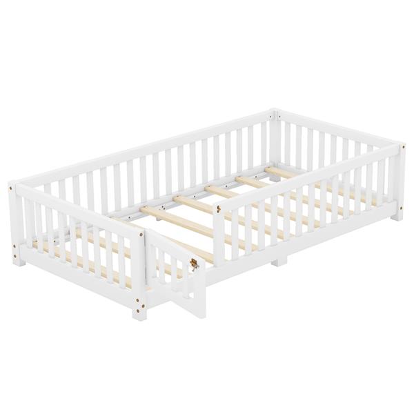 Twin Size Bed Floor Bed with Safety Guardrails and Door for Kids, White