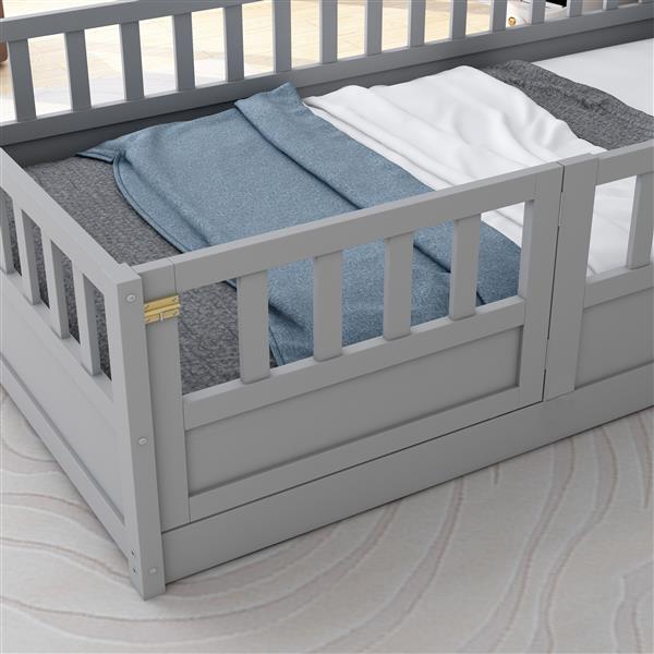 Twin Size Floor bed, integral construction with super high security barrier, door, children's floor bed frame, Montessori wooden children's floor bed,  Grey