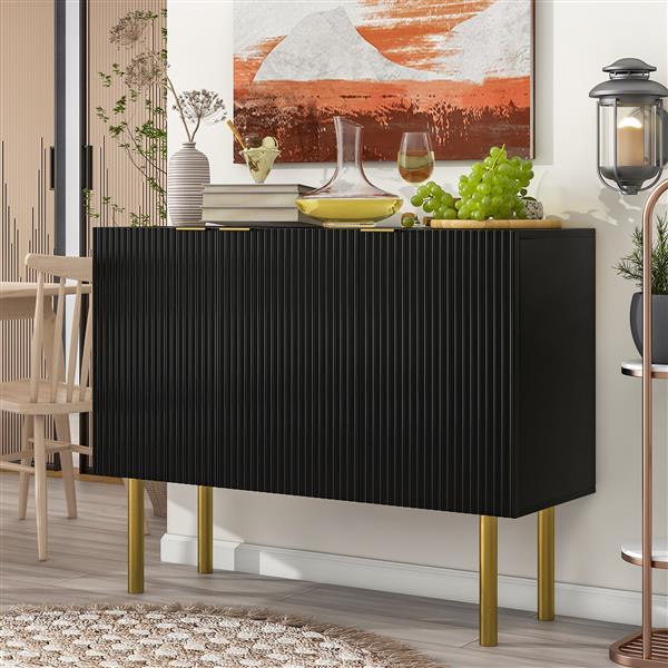 Modern Simple & Luxury Style Sideboard Particle Board & MDF Board Cabinet with Gold Metal Legs & Handles, Adjustable Shelves for Living Room, Dining Room (Black)