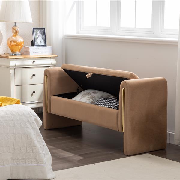 032-Velvet Fabric Storage Bench Bedroom Bench With Gold Metal Trim Strip For Living Room Bedroom Indoor,Coffee