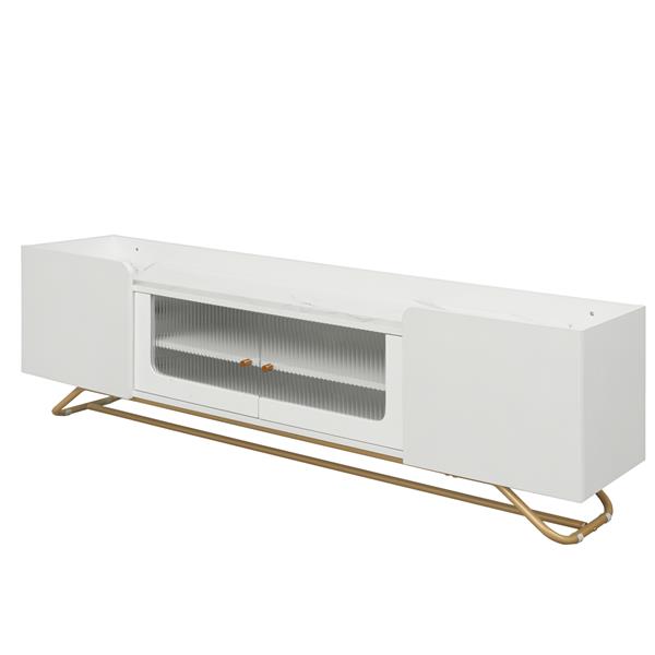 Sleek Design TV Stand with Fluted Glass, Contemporary Entertainment Center for TVs Up to 70", Faux Marble Top TV Console Table with Gold Frame Base, White