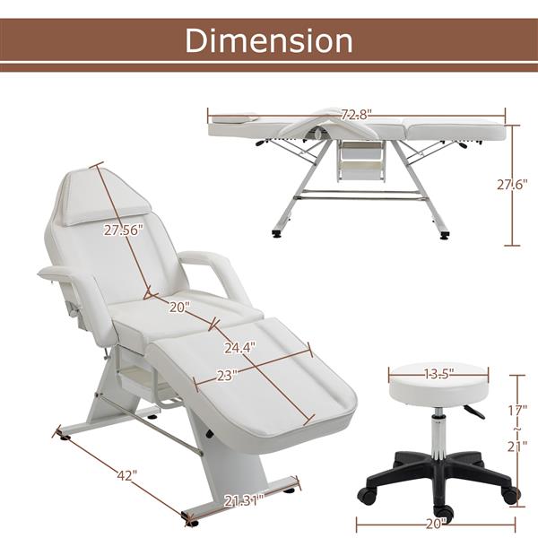 Massage Salon Tattoo Chair with Two Trays Esthetician Bed with Hydraulic Stool,Multi-Purpose 3-Section Facial Bed Table, Adjustable Beauty Barber Spa Beauty Equipment, White