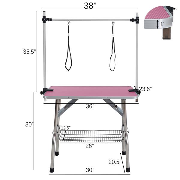 36" Folding Dog Pet Grooming Table Stainless Steel Frame Rubber Mat on Board with Adjustable Arm and Clamps pet dog Cat Grooming Table (PINK COLOR)