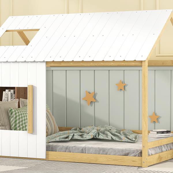 Full Size House Bed with Roof and Window - White+Natural