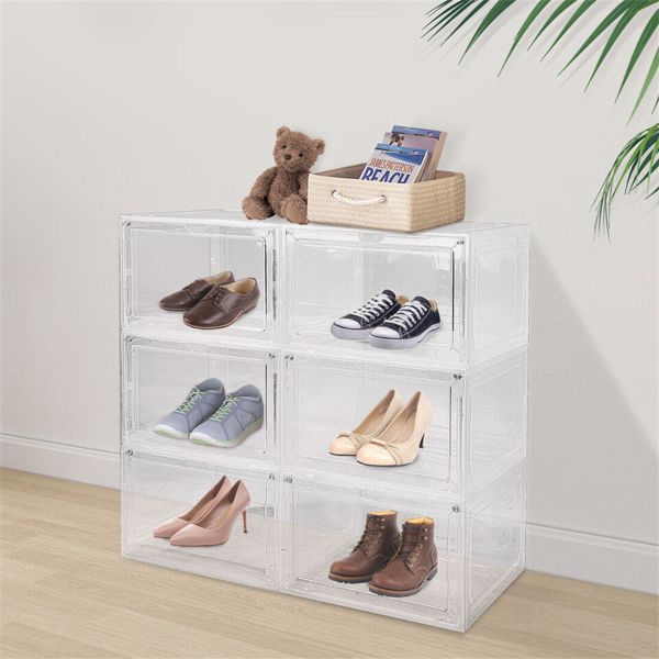 6 Pack Transparent Shoe Storage Boxes Hard Plastic Stackable Shoe Box Organiser