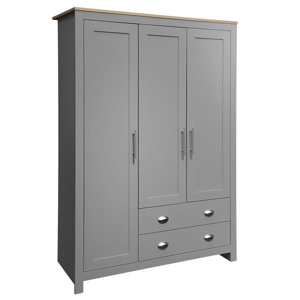 Three Door Storage Wardrobe with Cabinets and Two Hanging Rods,Gray