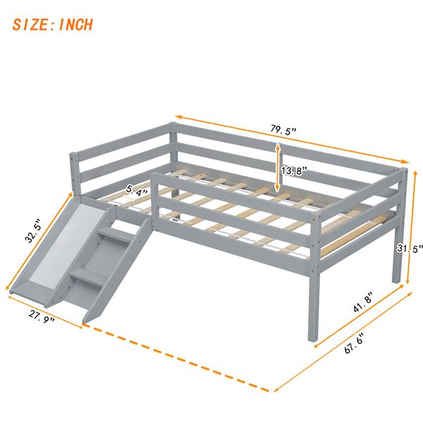 Twin Low Loft Bed with Slide,  Ladder, Safety Guardrails, No Box Spring Needed,Grey