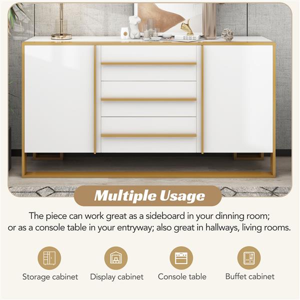 Modern Style 59"L Sideboard with Large Storage Space and Gold Metal Legs for Living Room and Entryway (White)