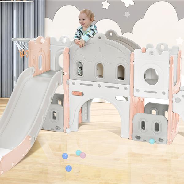 Kids Slide Playset Structure,  Castle Climber with Slide and Basketball Hoop, Toy Storage Organizer for Toddlers, Kids Climbers Playhouse for Indoor Outdoor Playground Activity