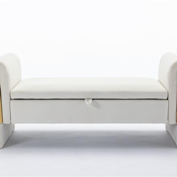 032-Velvet Fabric Storage Bench Bedroom Bench With Gold Metal Trim Strip For Living Room Bedroom Indoor,Ivory