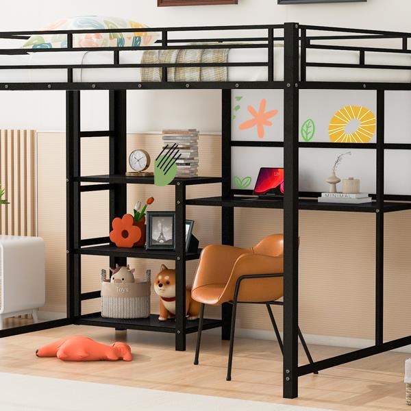 Full Size Loft Bed with Desk and Whiteboard, Metal Loft Bed with 3 Shelves and Ladder, Black