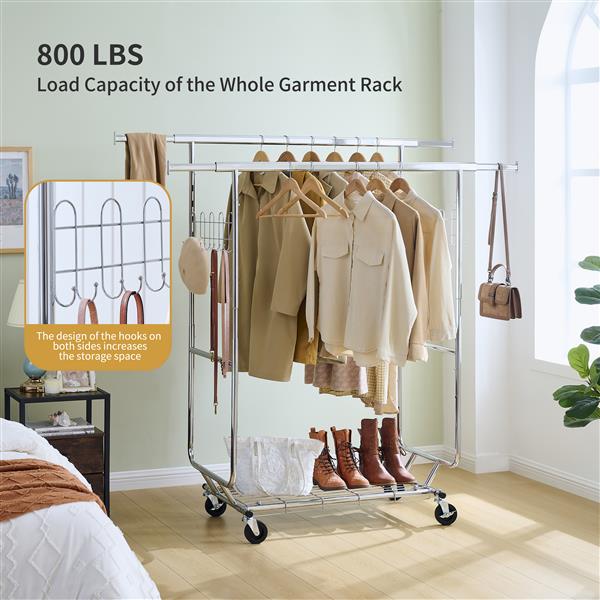 Double Clothing Garment Rack with Shelves Capacity 800lbs Clothing Racks on Wheels Rolling Clothes Rack for Hanging Clothes Heavy Duty Portable Collapsible Commercial Garment Rack