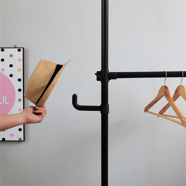 Telescopic Garment Rack, Heavy Duty Design Movable DIY By Hand No Damage to Wall Ceiling Hanging Rail, 31-47in Wide Adjustable, 120 Kilogram Loading, Reach Hook Included,Black