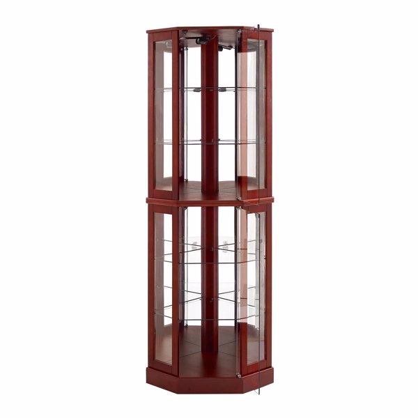 6 Shelf Corner Curio Display Cabinet with Lights, Mirrors and Adjustable Shelves, Cherry(E26 light bulb not included) 