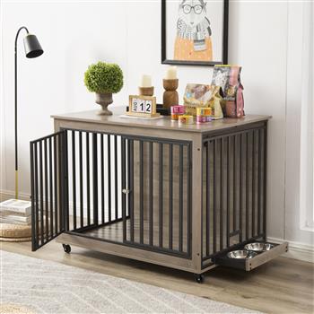 Furniture Style Dog Crate Side Table With Feeding Bowl, Wheels, Three Doors, Flip-Up Top Opening. Indoor, Grey, 43.7\\"W x 30\\"D x 33.7\\"H